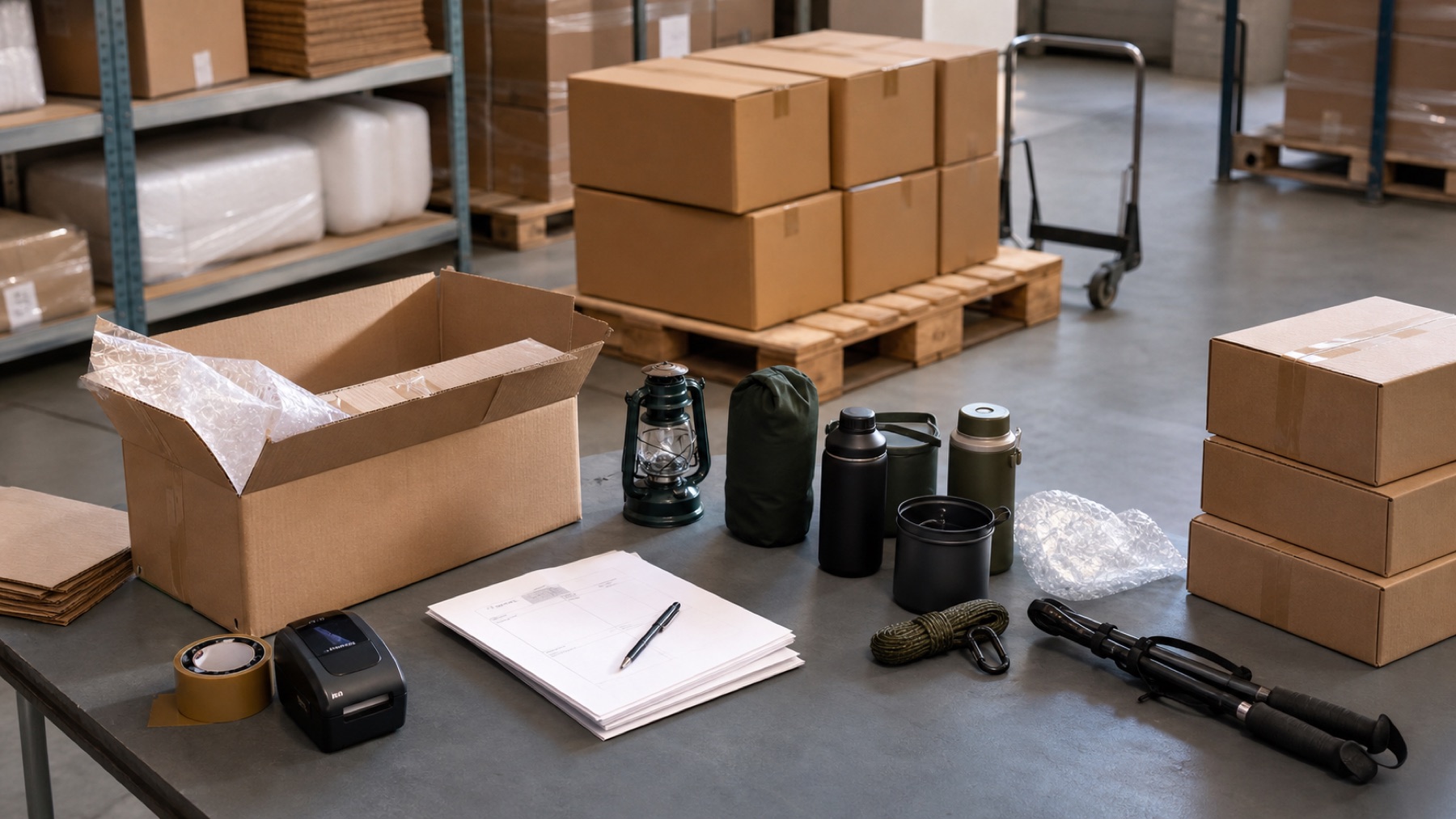Unbranded outdoor accessories organized for packaging and logistics preparation